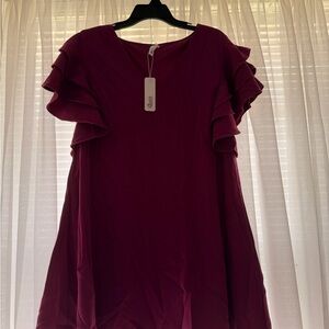 Ruffle Sleeve Shift Dress - Deep Berry Plum